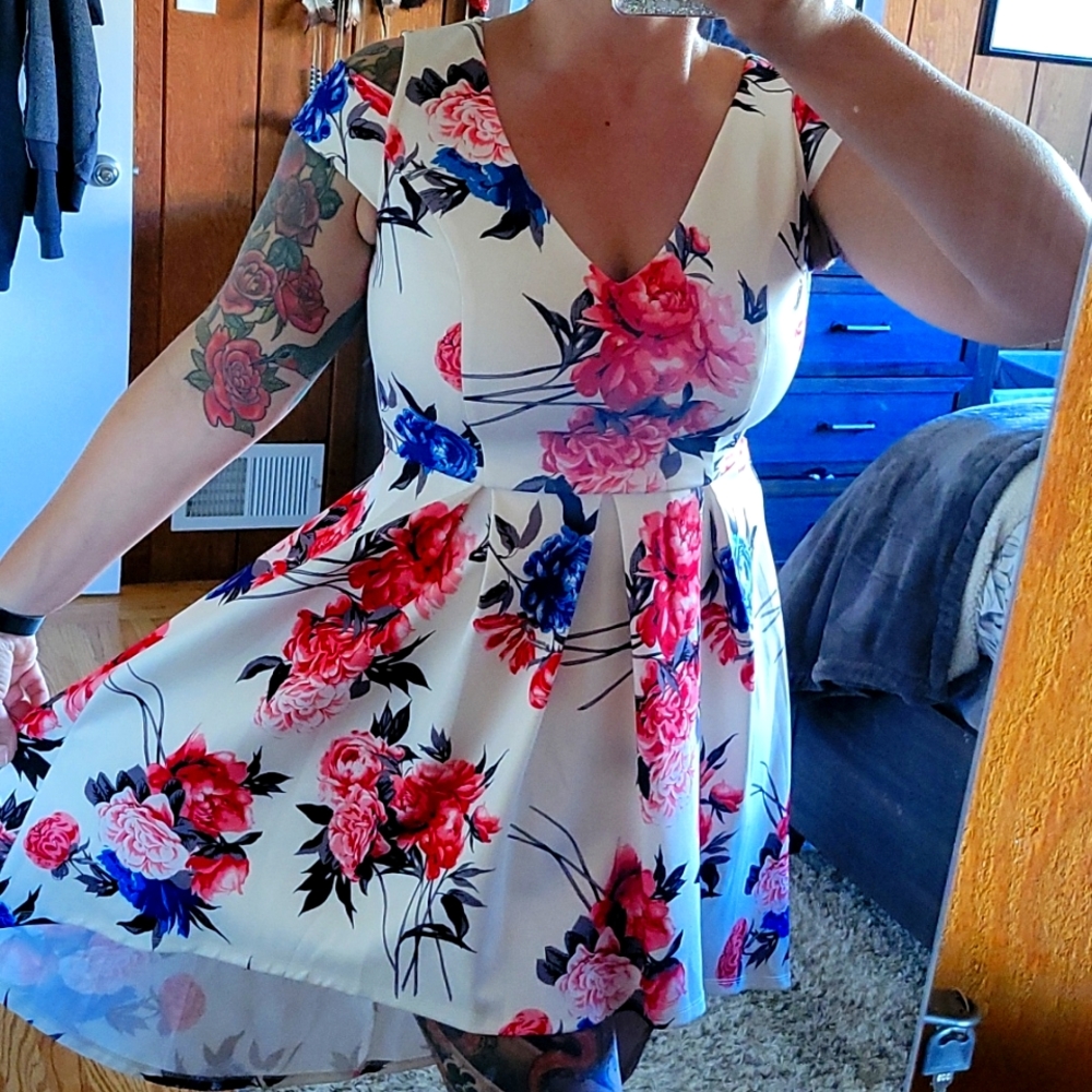 Floral print high/low dress, off the shoulder